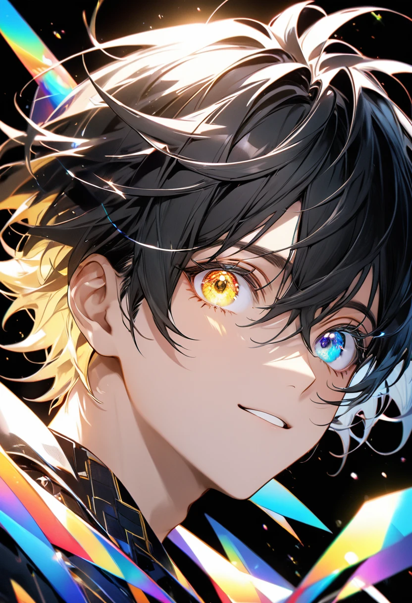 8k, Highest quality,High Contrast,front view,joyful,One Boy,black hair,perfect face,eye (heterochromia with gold and silver,big eyes,eyelashes,glowing eyes),A background with beautiful, shimmering details,Colorful light scattering and reflecting on a transparent background,