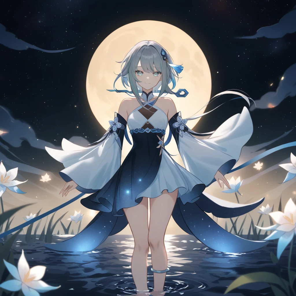 1girl, guizhong_\(genshin_impact\),light grey hair,short_hair_with_long_locks,starry_sky_print,detached_sleeves, long sleeves_past_fingers,hanfu,illustrated by matsuryuu and agahari and dsmile,pale blue eyes,stunning field of softly glowing blue and white glaze lilies,night scene,gentle smile,moonlight,glossy lips,vivid anime coloring,cel shading,smooth, soft dreamy focus,anklet,halter_top,white clothes,highly detailed,digital painting,field of flowers,bare_shoulders,wlop,barefoot,cool night tones, magical night scene,masterpiece, best quality, film, professional, 4k, highly detailed,Guardian nebula of rainbow light and silvery vapor,starry,cosmic,goddess,rich color,hdr,silver moon,

A woman shrouded in mystery, Stand gracefully on the endless shore, Surrounded by shimmering stardust, The harmony crystal she held in her hand emitted a soft glow, Creates a faint glow in the haze. Her face, Full of expression and depth, It was as if a silhouette emerged from the center of darkness.

Her eyes Reflecting an awareness of suffering and an indomitable desire to restore light to a forgotten world. 

She wore a dress woven from luminous fabric, It was as if the light itself had become intertwined in her existence. The dress is elegant and flowy, Creates gentle movements in the night breeze. Its color palette reflects the spectrum, From ocean blue to crystal white.

Her posture, Both upright and elegant, Convey courage and determination in the face of darkness. Her hand gripped the Harmony Crystal tightly, As if she were the last guardian of hope in the silent world. 

The dark night sky is dotted with sparkles. The vast sea stretched out in front