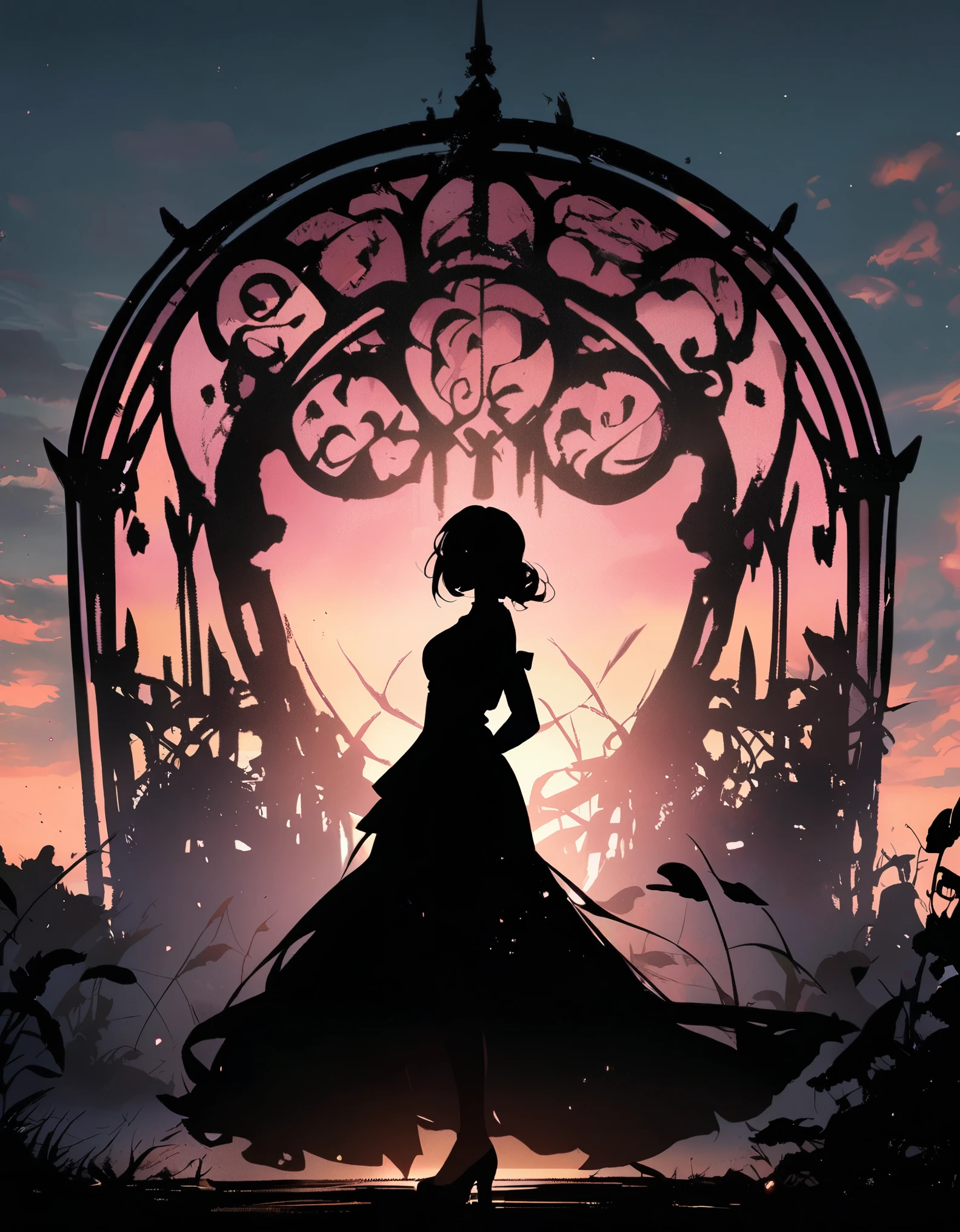 Woman silhouette, Sexy woman&#39;s back view, Long Hair, Backlight, Urban Background:1.2, Anime Style:1.2, Dark silhouette, Cowboy Shot, Dramatic lighting, Cinematic composition, Bright colors, Chiaroscuro, (Highest quality:1.2, 4K, 8K, Very detailed, High detail, masterpiece:1.2, Highest quality, Best aesthetics),