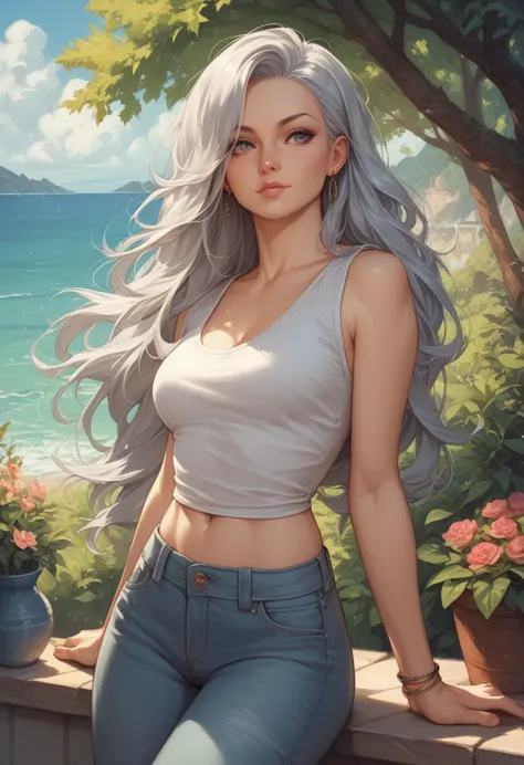 silver long hair girl, casual outfit