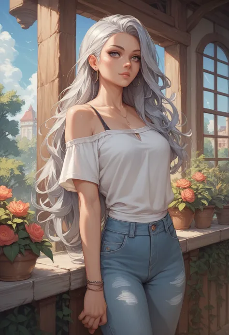 silver long hair girl, casual outfit