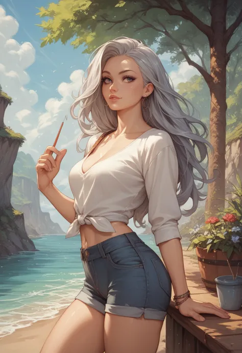 silver long hair girl, casual outfit