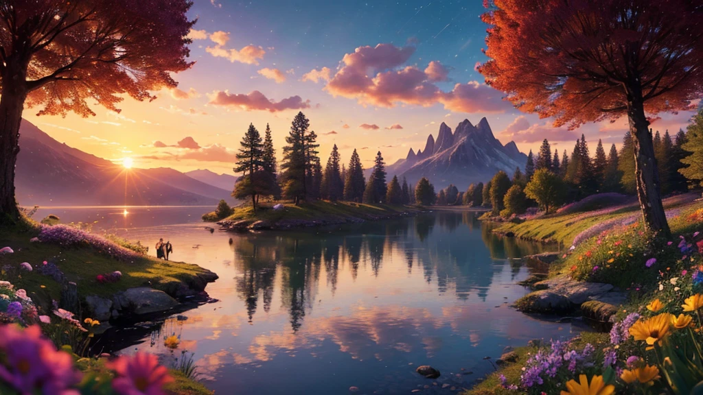 ((masterpiece)),((Highest quality)),((High Detail)),nobody,background, fantasy, sunset, forest, Sparkling lake, Colorful flowers