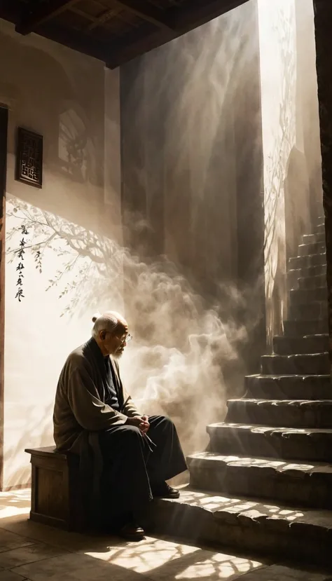 a detailed,ink wash painting,sketchy,light ink,old man sitting on steps,minimalist composition,dramatic lighting and shadows,neg...