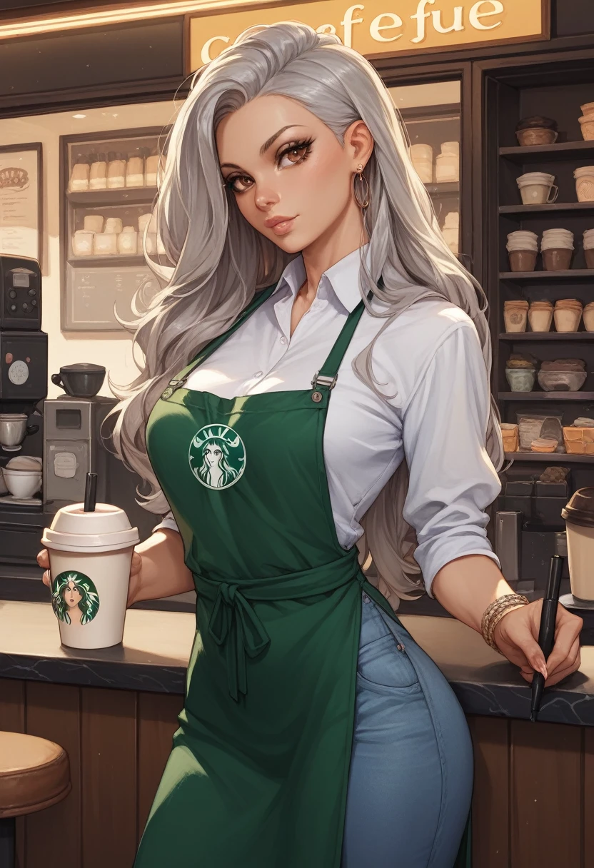 silver long hair girl, street outfit, brown eyes, at coffee shop