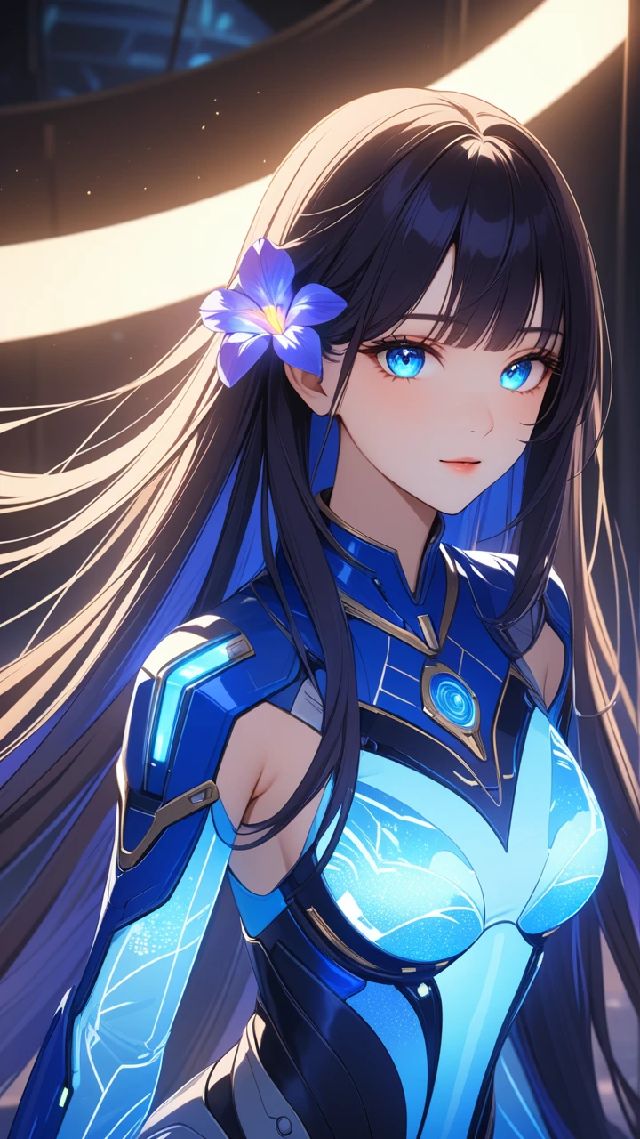 8K, Ultra HD, Masterpiece, 1 girl, exquisite face:1.5), very long hair, strait hair, detailed eyes, ultimate details, wearing transparent science fiction clothes, blue clothes, (glowing clothes:1.4), amazing magnificence, LED Internal lighting, glowing iris, glowing iris,