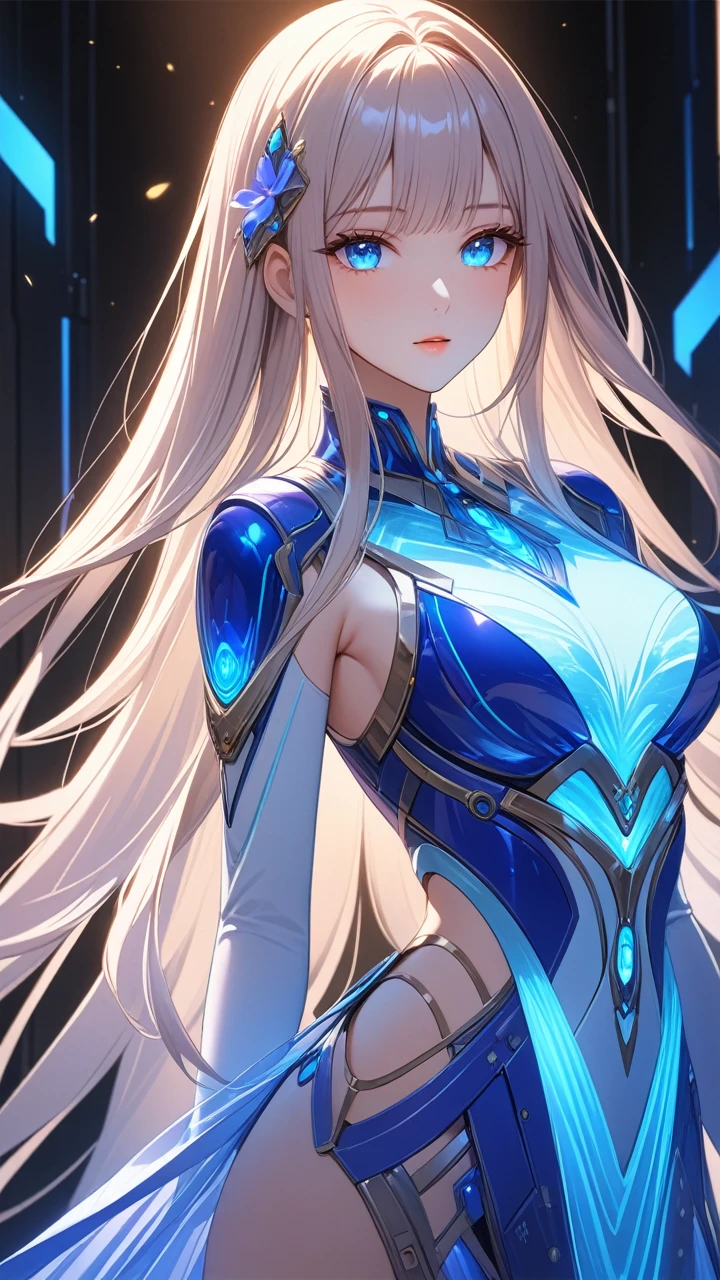 8K, Ultra HD, Masterpiece, 1 girl, exquisite face:1.5), very long hair, strait hair, detailed eyes, ultimate details, wearing transparent science fiction clothes, blue clothes, (glowing clothes:1.4), amazing magnificence, LED Internal lighting, glowing iris, glowing iris,