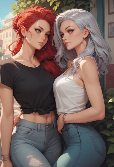 2 girls , one silver hair and one red hair girl , casual outfits