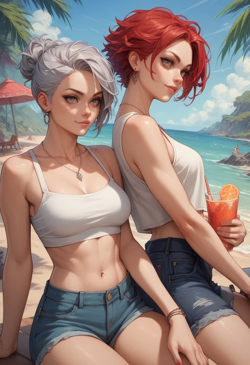 2 girls , one silver hair and one red hair girl , casual outfits