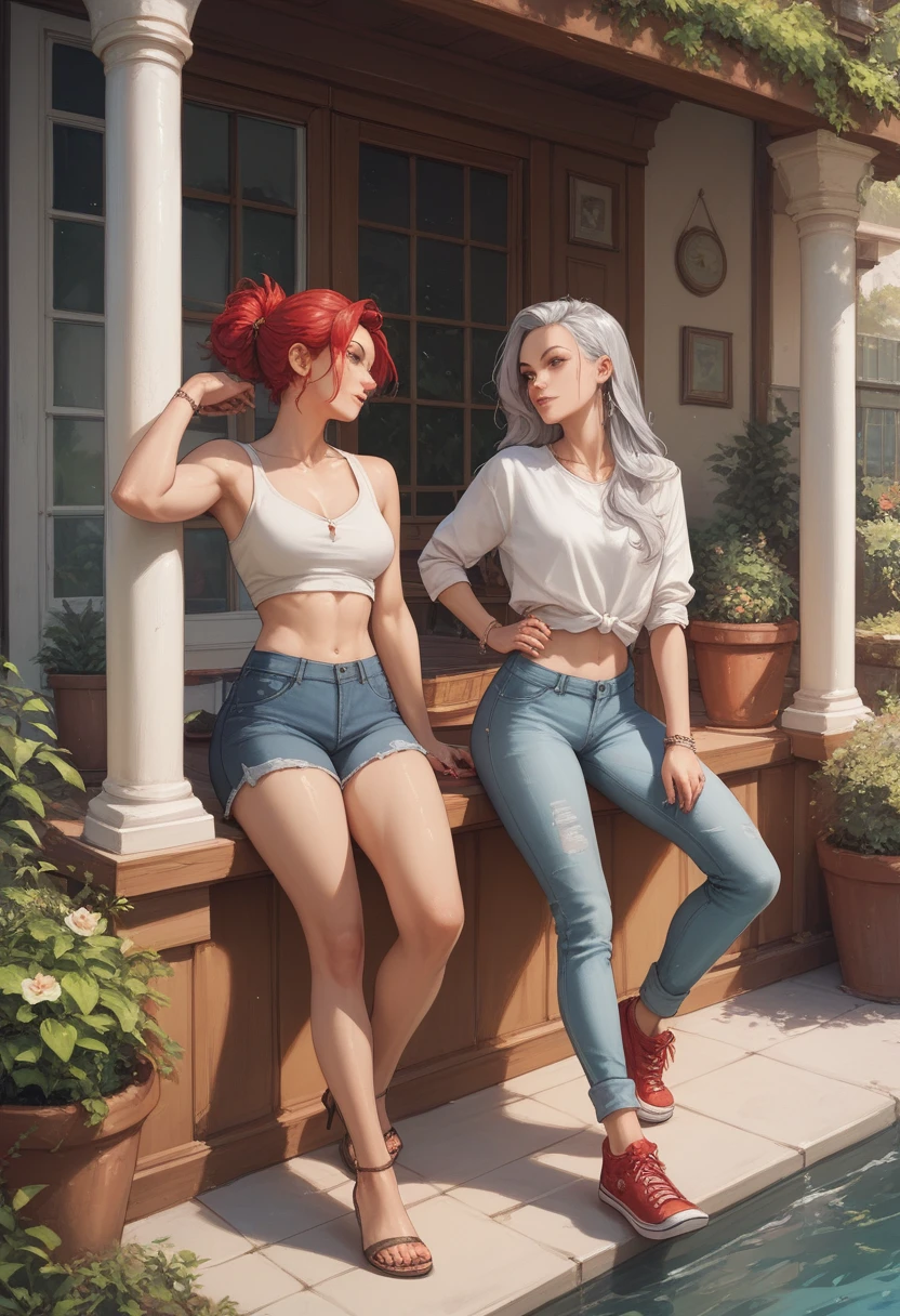 2 girls , one silver hair and one red hair girl , casual outfits