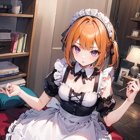 masterpiece, best quality, 1 girl, purple eyes, orange hair,maid headdress, maid,