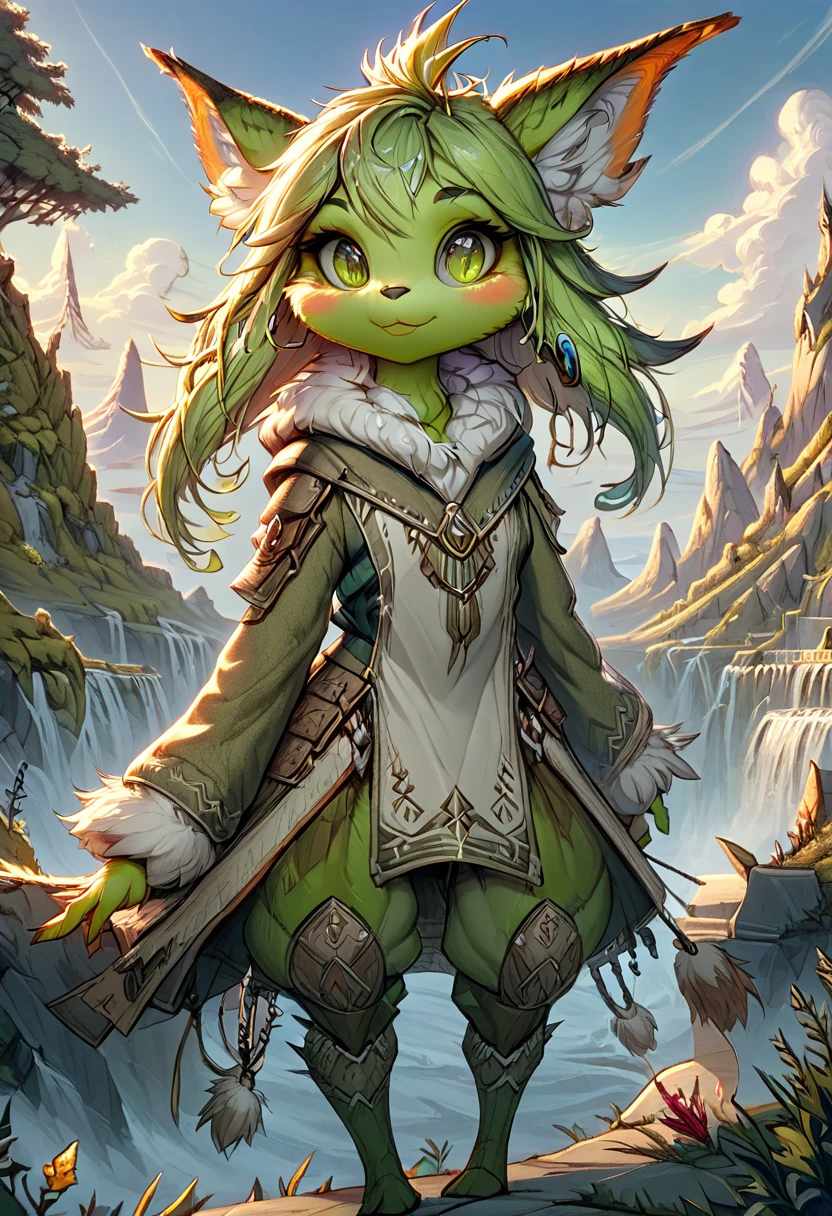 Anthropomorphic female grinch grasshopper mage. Official Art – Charecter profile. An Award-Winning Digital Masterpiece In 4K Ultra HD, Extreme Detail And Intricate Realism. Symmetrical Face. This Concept Art Brought To Life By The Hands Of Artists Like Wlop & Artgerm In A Stunning 2D Vector Illustration.Background Is A Panoramic Vista.
