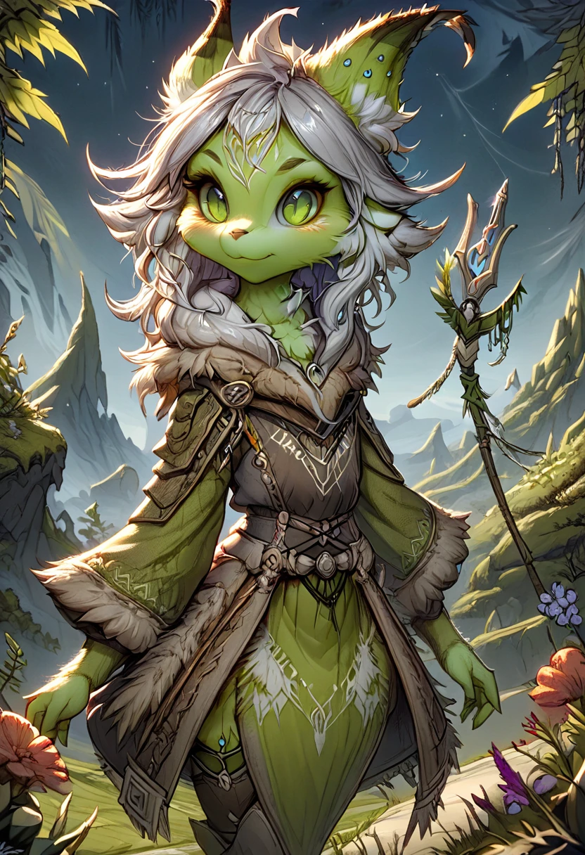 Anthropomorphic female grinch grasshopper mage. Official Art – Charecter profile. An Award-Winning Digital Masterpiece In 4K Ultra HD, Extreme Detail And Intricate Realism. Symmetrical Face. This Concept Art Brought To Life By The Hands Of Artists Like Wlop & Artgerm In A Stunning 2D Vector Illustration.Background Is A Panoramic Vista.
