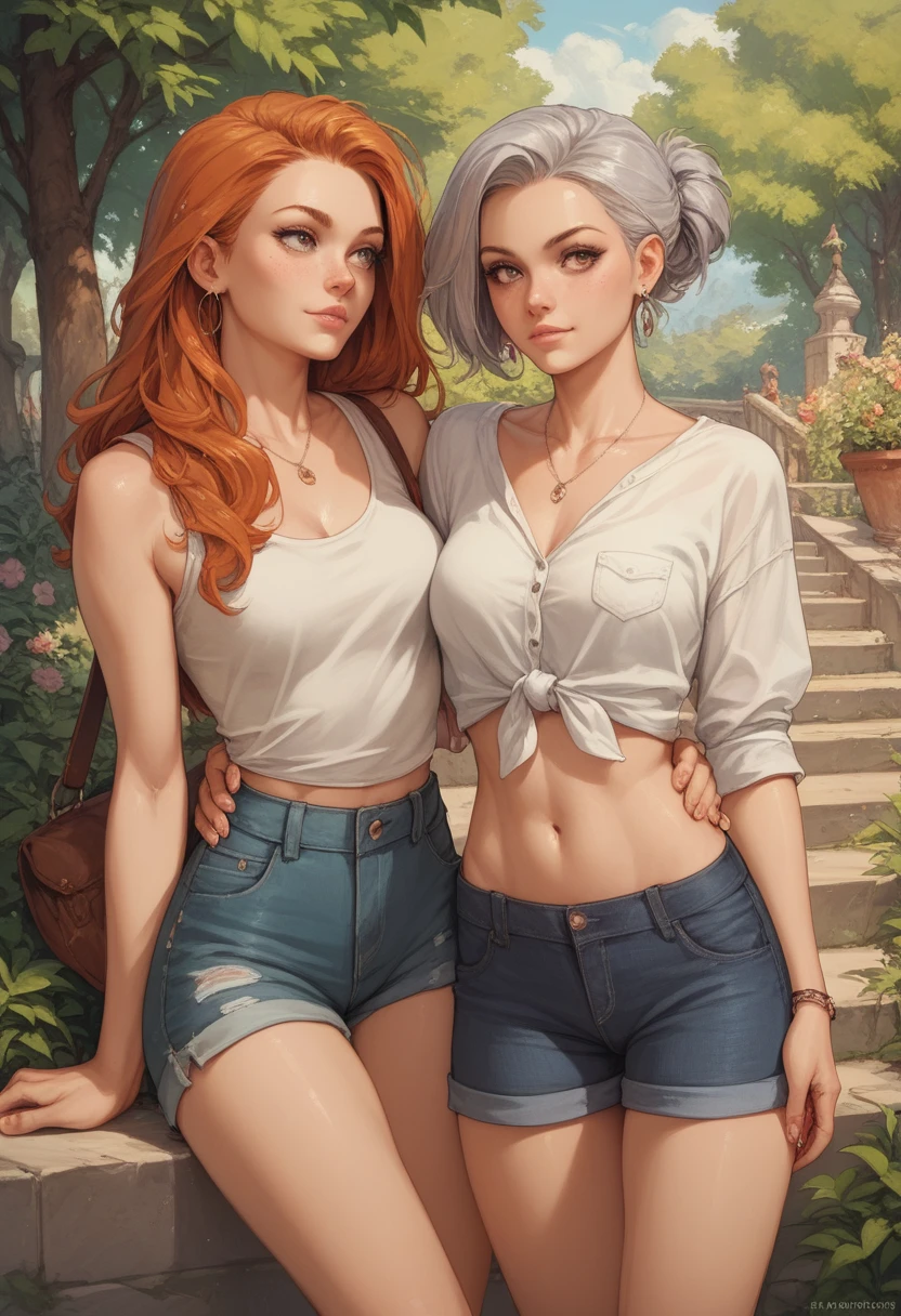 2 girls , one silver hair brown and one ginger hair blueness girl , casual outfits
