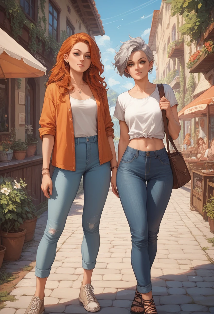 2 girls , one silver hair brown and one ginger hair blueness girl , casual outfits
