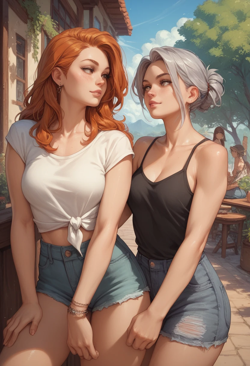 2 girls , one silver hair brown and one ginger hair blueness girl , casual outfits
