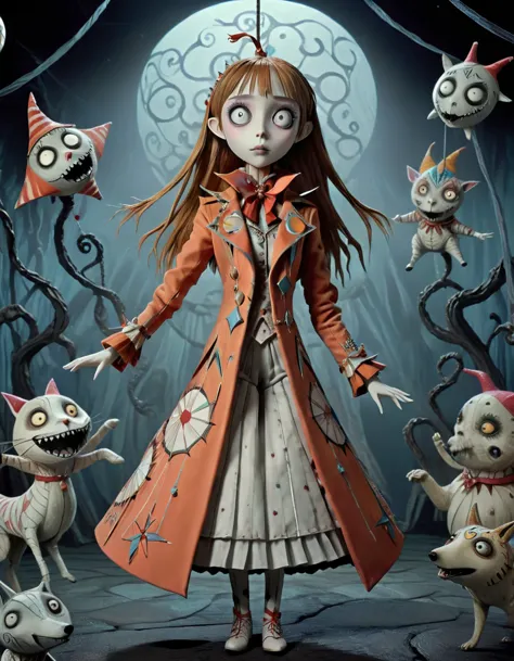 in a tim burton-esque carnival, asuna becomes the circus master. her coat, embroidered with enigmatic geometric patterns., she d...