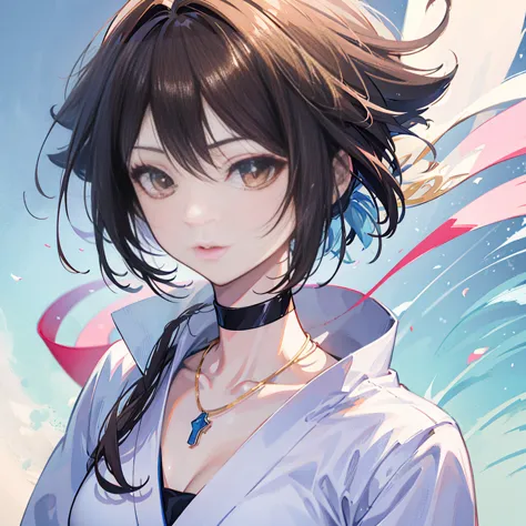 final fantasy (yuna) brown hair、wearing a white kimono、anime girl holding a necklace, beautiful character painting, soft anime c...