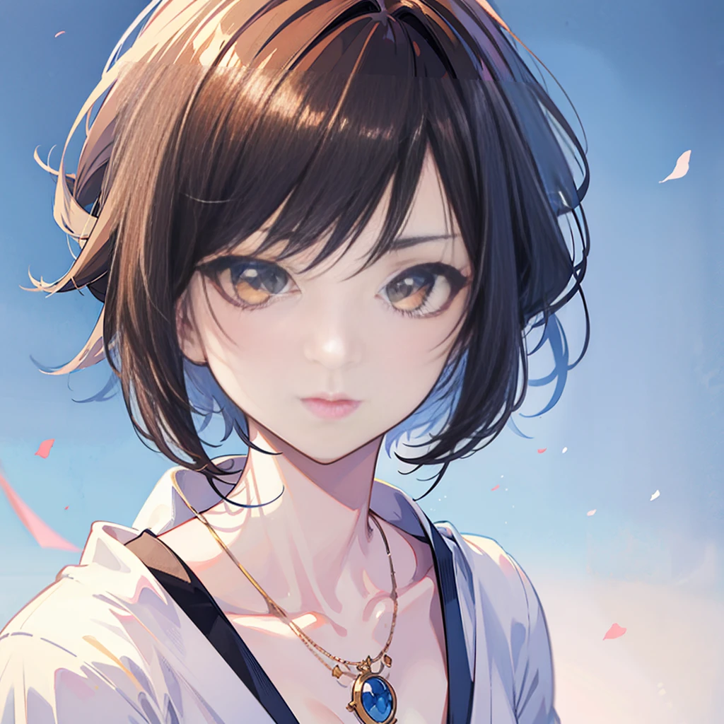 Final Fantasy (Yuna) Brown hair、Wearing a white kimono、Anime girl holding a necklace, Beautiful character painting, Soft Anime CG Art, realistic anime artstyle, Beautiful anime portrait, Beautiful anime woman, Realistic anime girl rendering, Makoto Shinkai and artgerm, Realistic 3D anime style, Anime realism style,  Anime style digital art, Beautiful anime girl