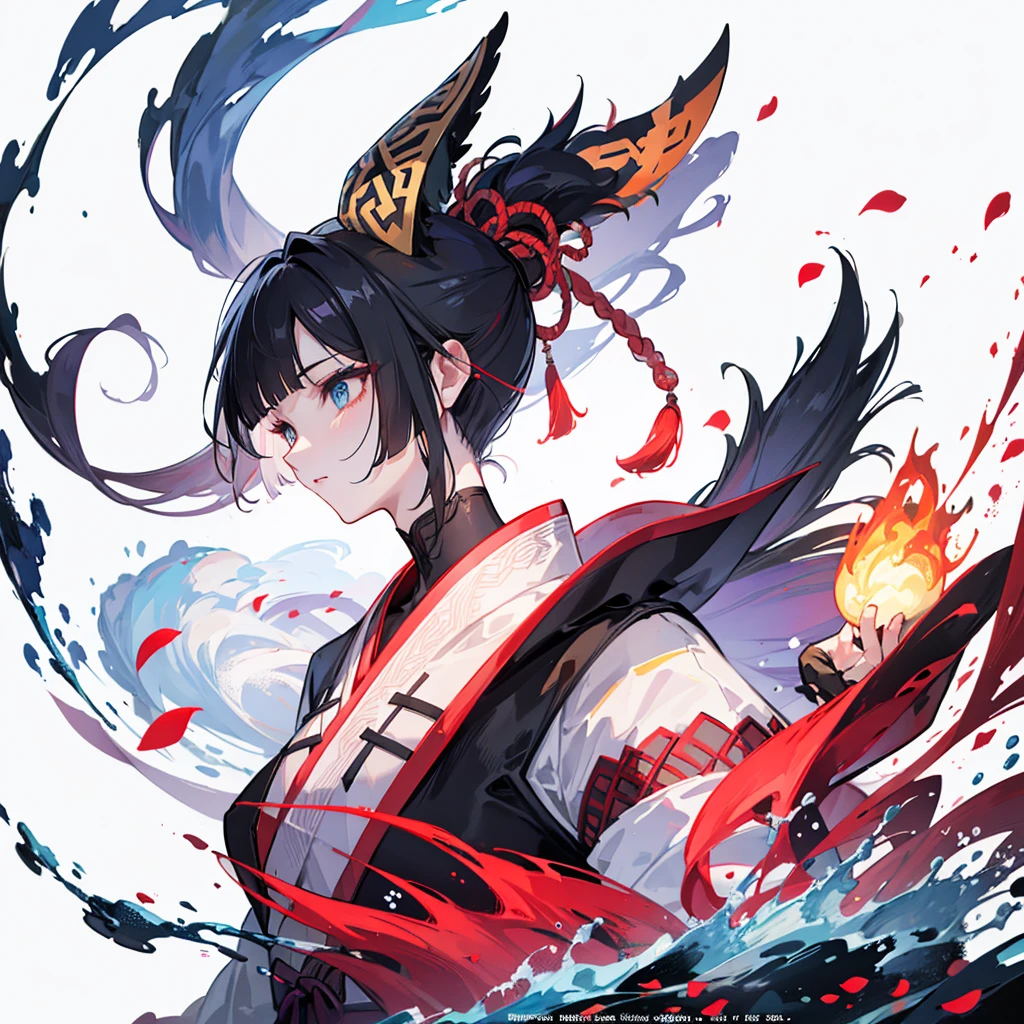 (Mythical Beast), Nine-tailed Fox, Dynamic body shape, (Chinese Monster), Handsome, splashed Ink, Chinese, 1 Girl, ((whole body), ((2.5D)), Flowing hair, beautiful eyes, Exquisite eyes, Delicate silhouette, Fantasy Art, (Black and red ancient brocade Hanfu), Field of view, (masterpiece), front Photo, Profile portrait, White background, (Movie Posters), sharp, splash, cloud, petal, Empty, Sky, (Wide-angle lens), Vista