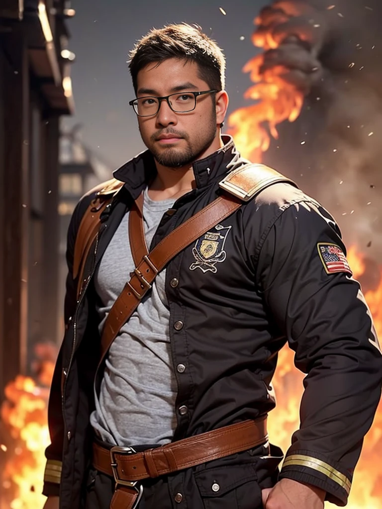 solo, crew cut, (((full body))), mature man, [slightly fat], asian man, brown eyes, rounded face, glasses, slightly balding, (((stubbles, Short beard))), (((full beard))), (Beautiful eyes:1.3), (Detailed face:1.3), young pirate, torn clothes, different hair colors, sword fights, battlefield in the background, fire in the background, night