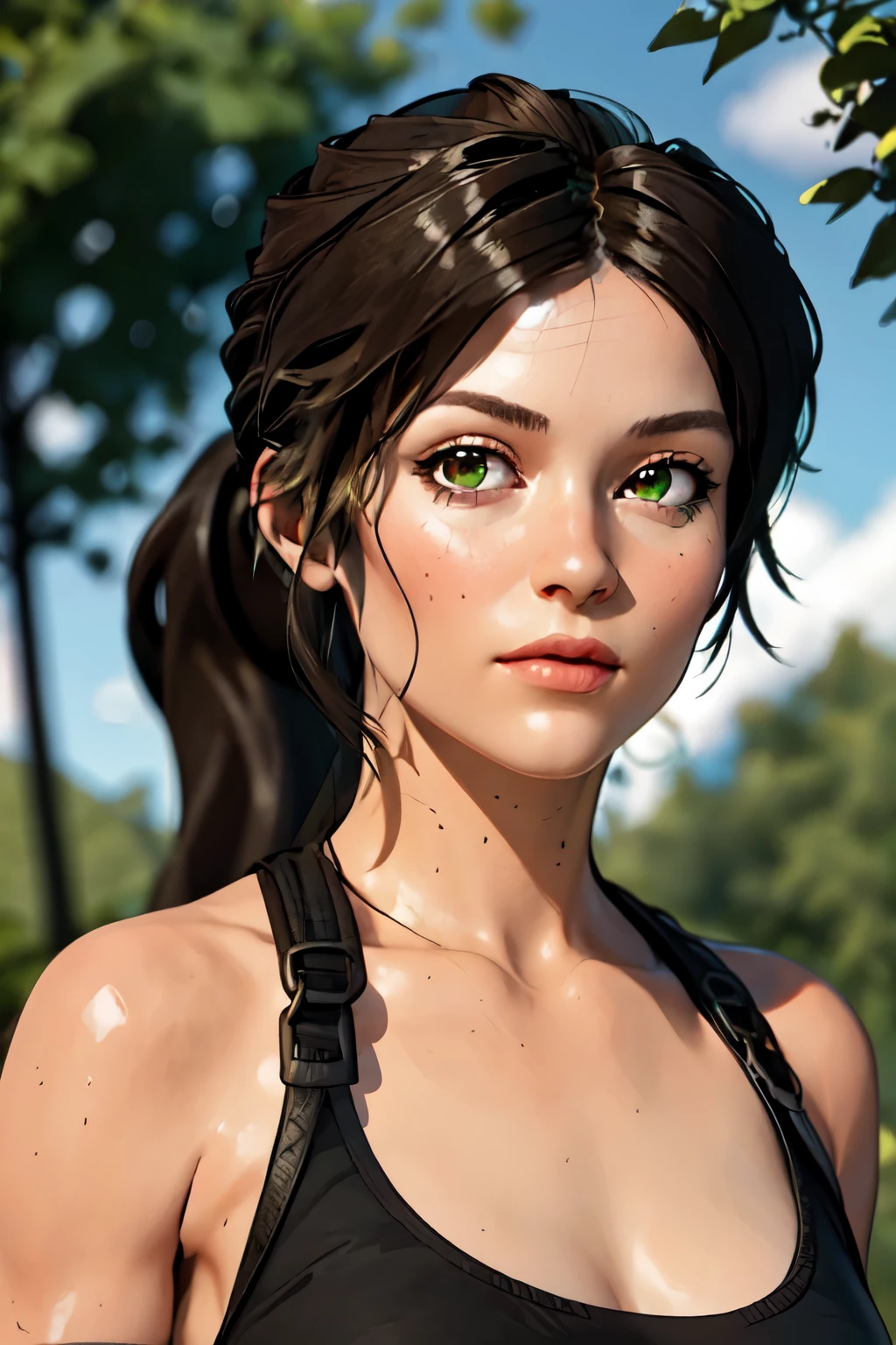 1 girl, Lara Croft, body healed, micro shorts marrom, green short top, eyes browns, ponytail hair, at a forest, super detaill, high resolution, 8k, (Overview), gazing at viewer, face detailed
