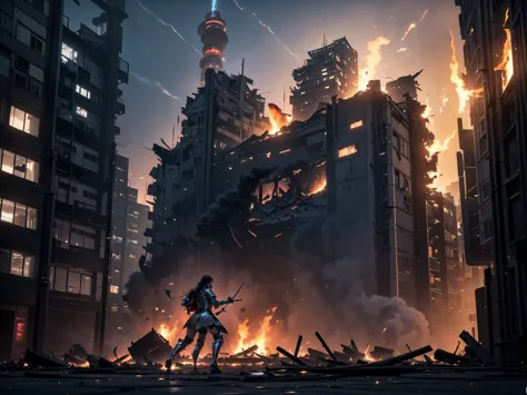 photo of a female hero in shining armor, fight giant monsters made of thick black smoke, set in a cityscape with fiery buildings...