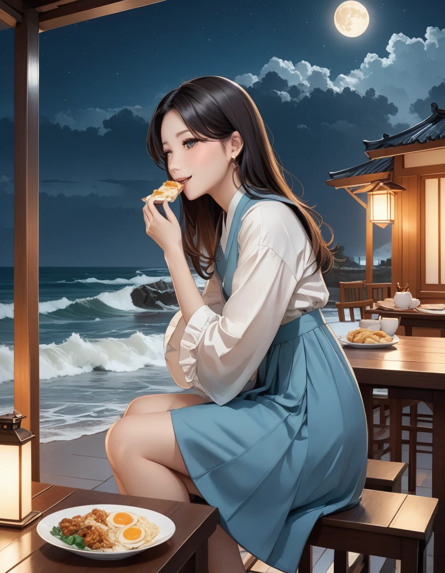 Solo, Score_9, score_8_up, score_7_up, wuthering waves, Changli, eating food, demure smile, sitting on table, night atmosphere. 