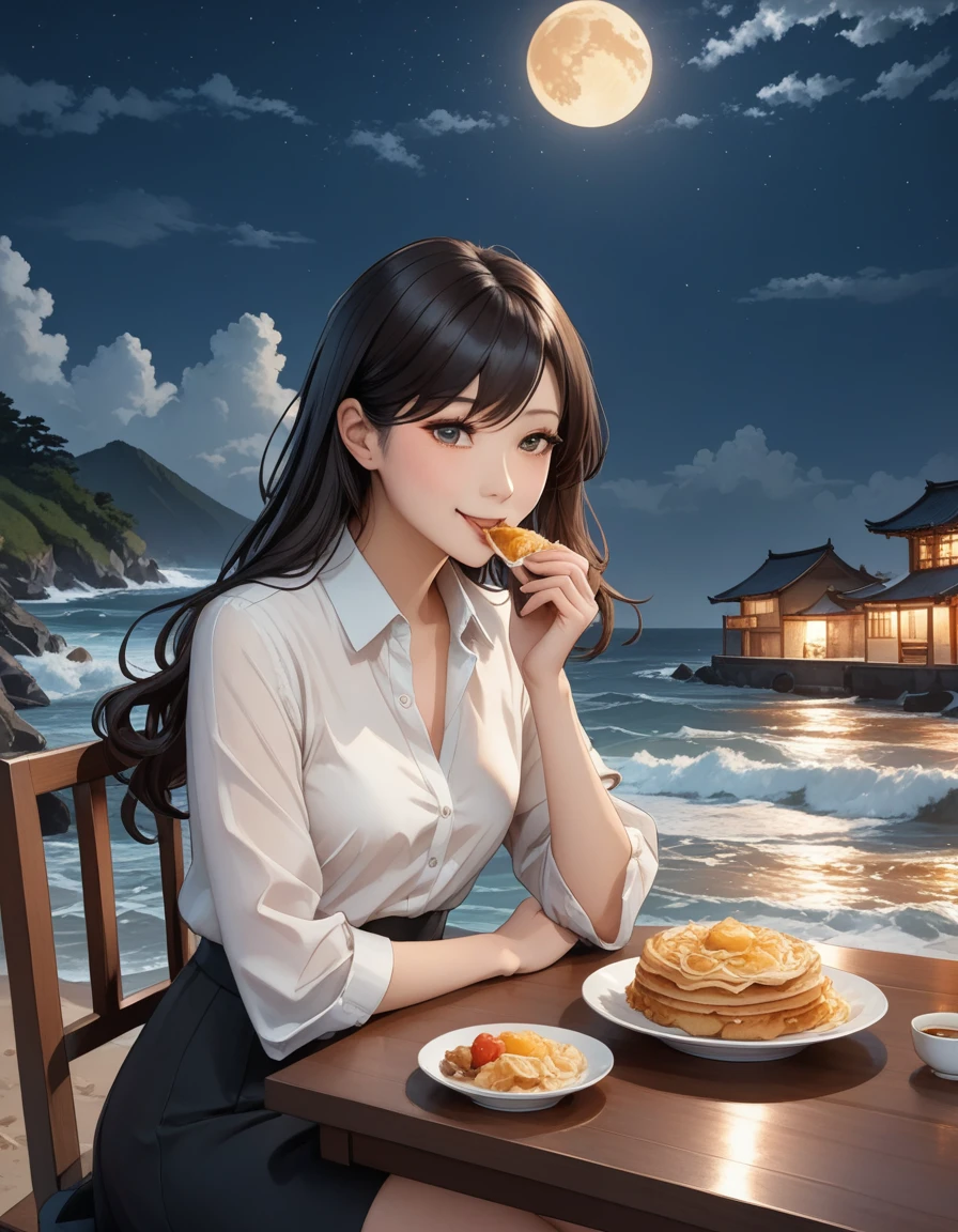 Solo, Score_9, score_8_up, score_7_up, wuthering waves, Changli, eating food, demure smile, sitting on table, night atmosphere. 