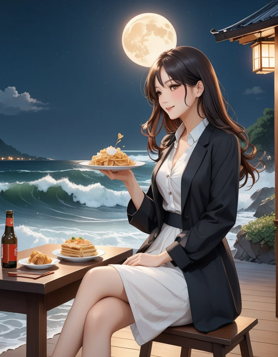 Solo, Score_9, score_8_up, score_7_up, wuthering waves, Changli, eating food, demure smile, sitting on table, night atmosphere. 