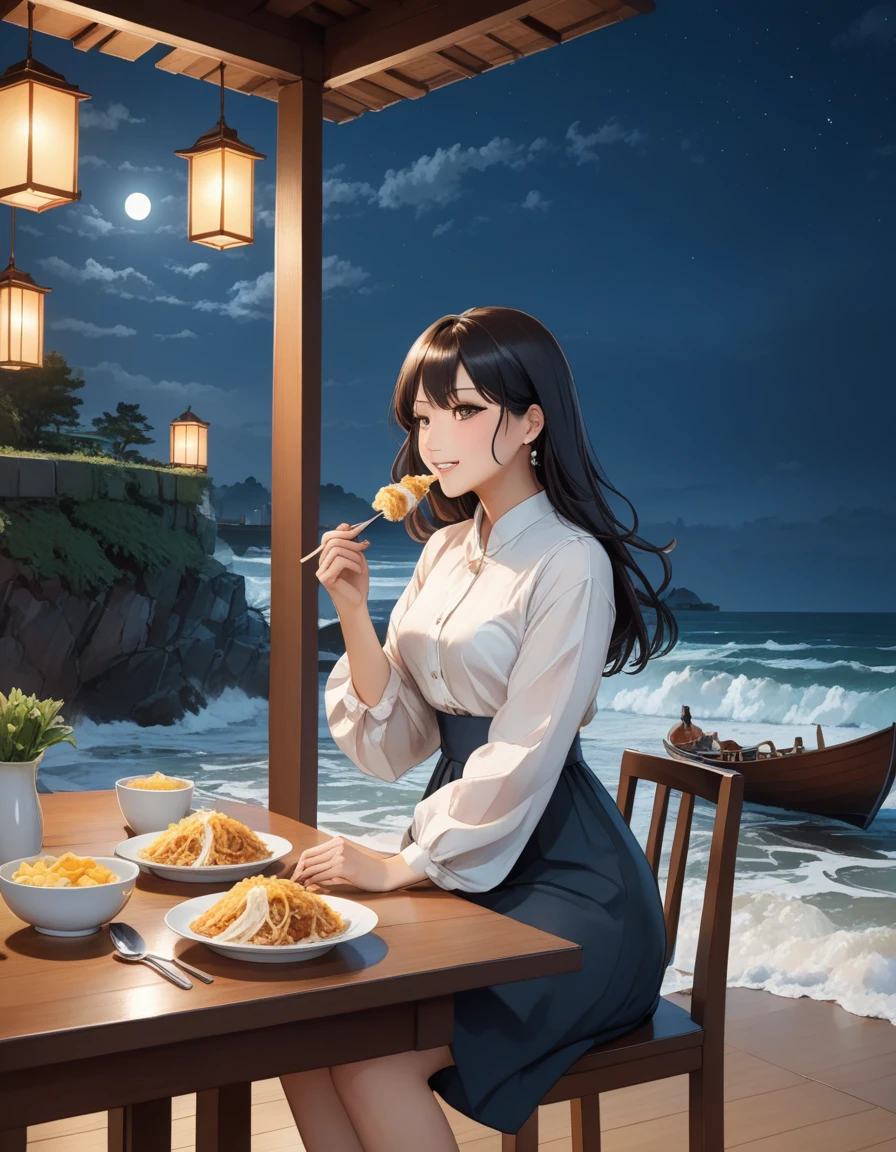 Solo, Score_9, score_8_up, score_7_up, wuthering waves, Changli, eating food, demure smile, sitting on table, night atmosphere. 