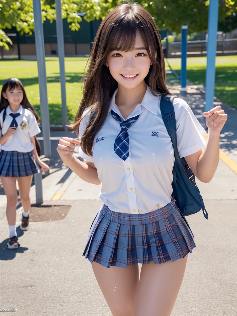 masterpiece,Highest quality,1 girl,Cowboy Shot,Front view,Young and cute Japanese,smile,lunch break,((Schoolyard,Excited students:1.5)),Schoolgirl uniform,Summer clothes,wear,wear a super super short blue plaid pleated micro mini skirt,No underwear,Very cute face,Glossy Lips,Big eyes,Brown eyes,Double eyelids on both eyes,(Natural Makeup),Shiny, smooth, long light brown hair,Asymmetrical bangs,Center image,8k resolution,Attention to detail,Detailed hairstyle,Detailed face,Cinema Lighting,Octane Rendering,Ultra-realistic,Perfect limbs,Beautiful legs,Voluptuous thighs,Huge breasts,(Glowing Skin,Sweaty:1.3)Perfect Anatomy,Spread your legs,((Provocative dynamic pose:1.5)),Skirt flip