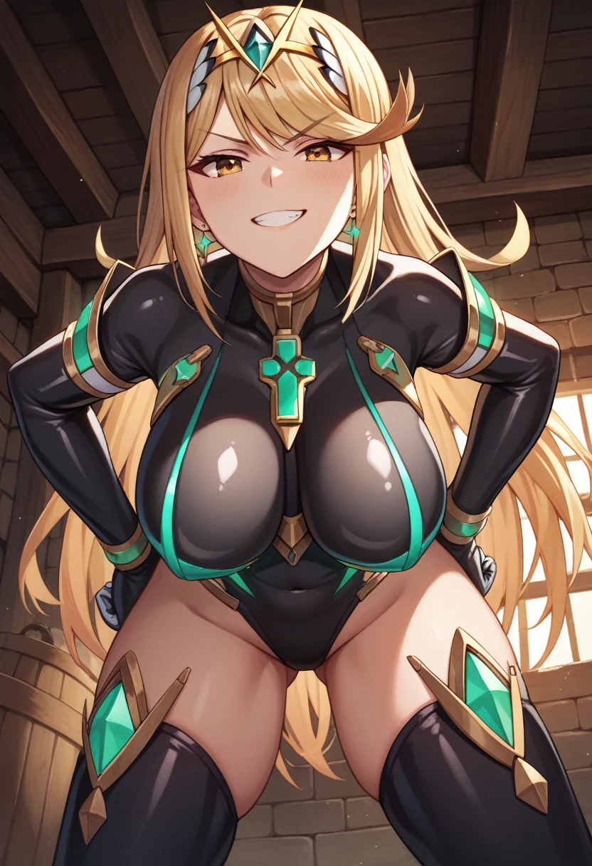 mythra, 1girl, solo, long_hair, breasts, looking_at_viewer, smile, bangs, blonde_hair, large_breasts, yellow_eyes, red_bodysuit, black_bodysuit, latex, cellar, dark, smirk, hand_on_own_hip, hanging_breasts, from_below, (leaning_forward:1.2)