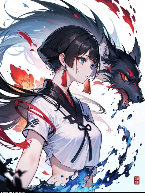 (mythical beast), nine-tailed fox, dynamic body shape, (chinese monster), handsome, splashed ink, chinese, 1 girl, ((whole body)...