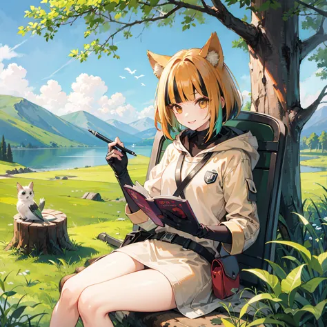 masterpiece, best quality,, 1 girl, sit, animal, animal ears, bird, black_hair, book, bookmark, branches, gloves, grass, green h...