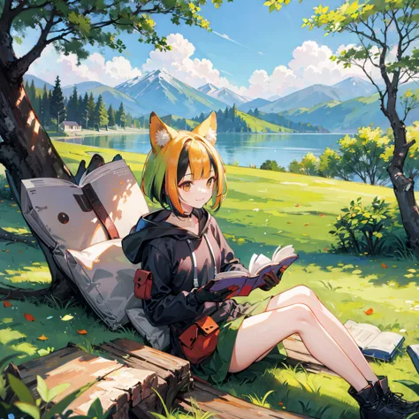 masterpiece, best quality,, 1 girl, sit, animal, animal ears, bird, black_hair, book, bookmark, branches, gloves, grass, green h...