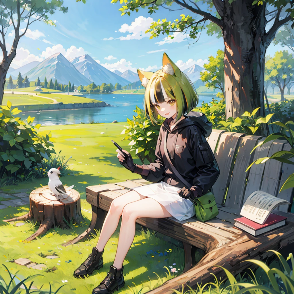 masterpiece, best quality,, 1 Girl, sit, animal, animal ears, bird, Black_hair, Book, Bookmark, Branches, Gloves, Grass, green hair, Keep, Keep Book, hood, hood down, leaf, Looking at the audience, multicolored hair, oPen_Book, partially fingerless Gloves, Pen, plant, pouch, 鹅毛Pen, read, sit, Smile, Solitary, Tail, Tree, Tree stump,, Sky, sun, Mountain, forest, lake