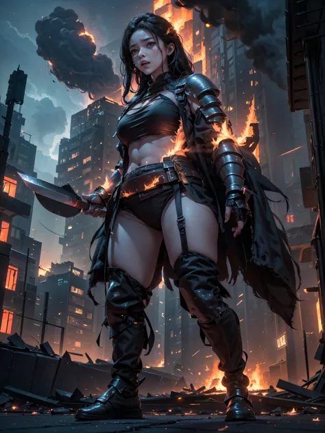 photo of a female hero in shining armor, ((fight giant monsters made of thick black smoke)),set in a cityscape with fiery buildi...