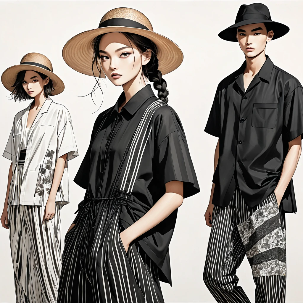 candid fashion illustration a group of young 2man and 1girl models, aged 18-23 year old, tall and slender, Mixed race super model, ((showcase in fashionable cotton outfits inspired by designer Yohji Yamamoto collection)), in elegant and modern style of ((woven fabric, tribble, ethnic pattern, lace decoration)). combination of black color and the touch of Earth tone color. The 1st man wears an oversized shirt with ethnic and lace details, paired with slim-fit Pants. The second man complements him in a short-sleeved bowling shirt and oversized Jacket with collage fabric details, paired with big striped Drawstring pants. The woman wears a Ankle-length mini dress, in cotton woven fabric featuring a round, frill-trimmed neckline with lace detail. (all completes the look with white sneakers, an accessorizes with a wide-brimmed straw hat, sunglass, braid hair. Captured in a ((full-body image)), relax and simple pose, ((water-color paint on white paper background)), realistic pencil lines, imperfect drawing, charcoal lines detail, fading sketch, fashion Sketching, low angle view, (full body image), by Yohji Yamamoto hybrid with Dris Van Noten fashion designer.