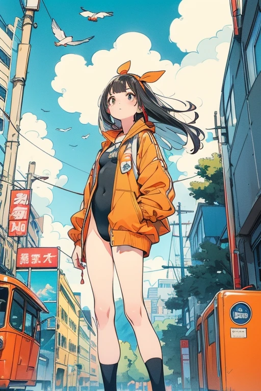 One person,Orange shoes,alone,Are standing,null,cloud,Outdoor,Black Hair,bird,Upward view,blue null,White socks,Daytime,Orange jacket,A girl wearing a black high-leg leotard、building,Long sleeve,leaf,Long Hair,stage,red head band,Pump rope,head band,bangs,cloudy null,from_Under,wide_Cowboy Shot,