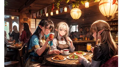 an illustrated scene set in a lively fantasy tavern at twilight. the focus is on a cheerful elf waitress, a young woman with lon...