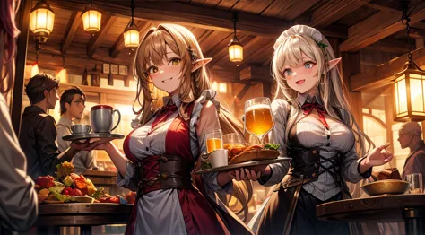 an illustrated scene set in a lively fantasy tavern at twilight. the focus is on a cheerful elf waitress, a young woman with lon...