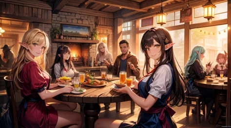 an illustrated scene set in a lively fantasy tavern at twilight. the focus is on a cheerful elf waitress, a young woman with lon...