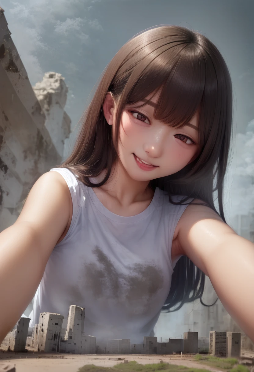 woman、giantess、Giantess、超巨大なwoman、smile、A lot of people、The fugitive々、A distant view of a broken miniature cityscape、A distant view of a broken miniature avenue、A devastating landscape、Devastating damage、Miniature ruins scenery、womanを大きく描く、fire、Black smoke、Miniature aerial photography、Lie down