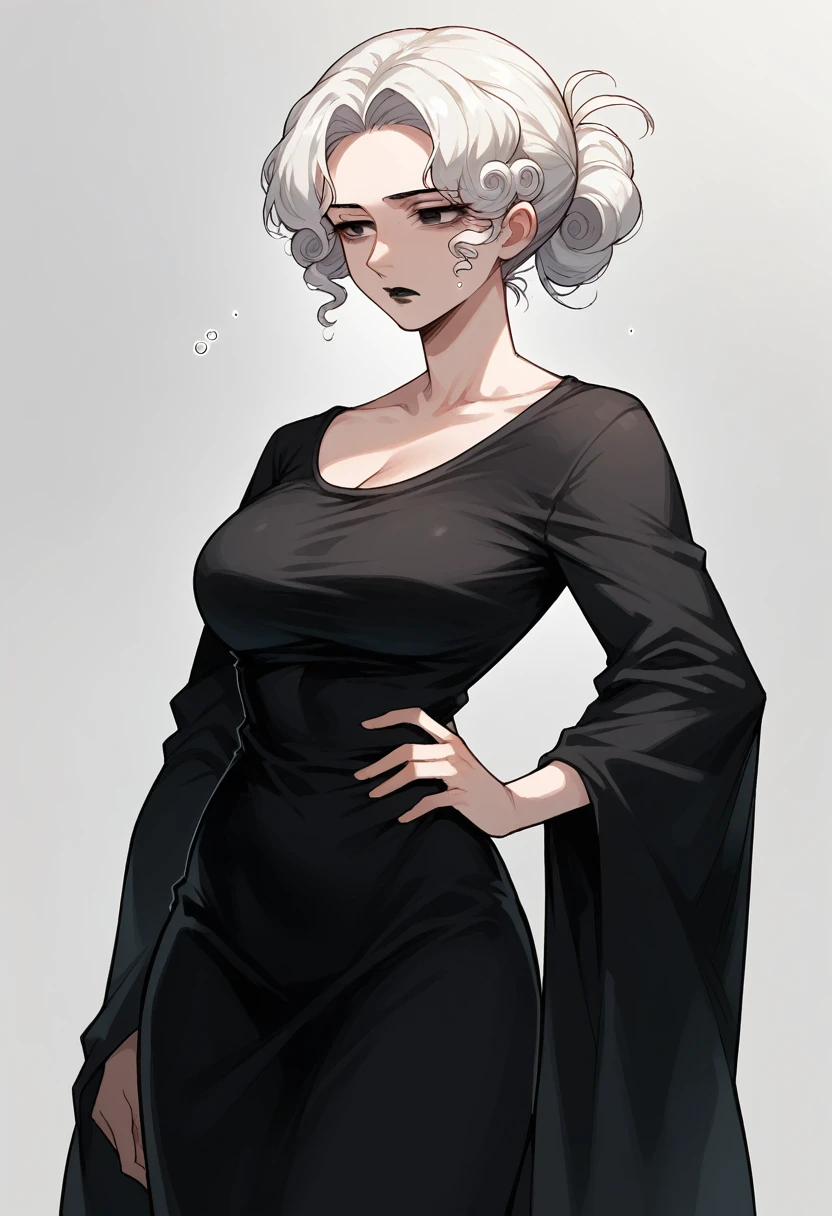 mature woman,white curly bun hair tied in a ponytail, hand on the waist,tired eyes ,black eyes,black lipstick, black dress white details, ,90s anime style