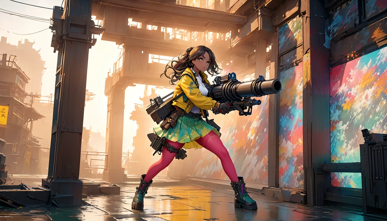 Long shot, unreal engine:1.4,CG K ultra realistic, photorealistic:1.4, skin texture:1.4, artwork 1girl, (dark skin:1.5), Gatling gun, standing on the right side of image, Casing, looking at viewer, dynamic pose, Blows, ammunition belt, gloves, large breasts not disproportionate, shooting , extremely detailed:1.4, more detailed, optical mix, playful patterns, animated texture, unique visual effect, or cyberpunk yellow color, red pantyhose, yellow leather miniskirt, masterpiece, ((colors, cyan, greens, pink, brown: 1.2)), 8k realistic digital art)), 32k