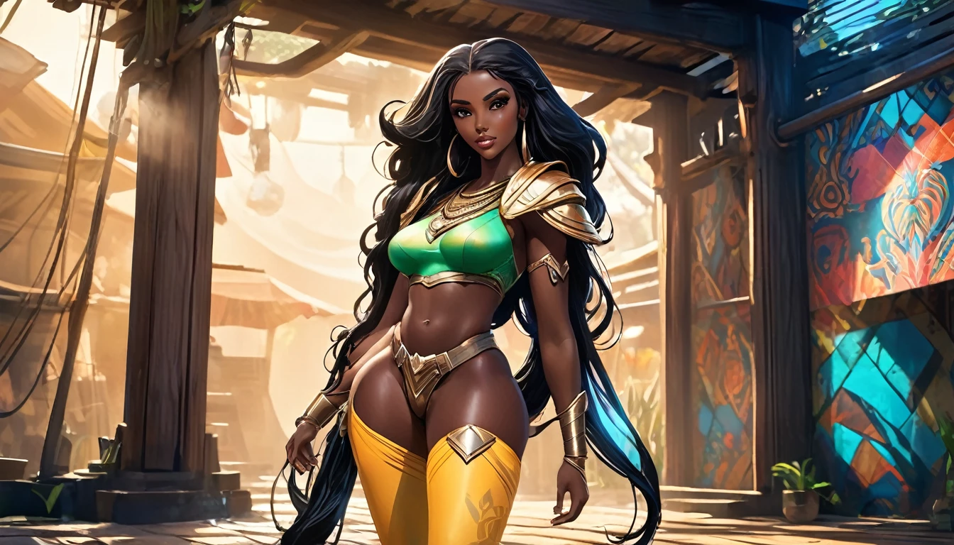  ((Full body: 1.8)), ((dark-skinned beautiful African woman: 1.7)) with very long black hair, strong body, thick athletic body, character sheet, Realistic, top quality picture, 4K, ultra HD |, ((master part))), (((best qualityer))), ((ultra detali)),(Highly detailed CG illustration), Cinematic light, camera: Choose an angle that highlights the beauty of the character. resolution: Aim for a high-resolution artwork to showcase intricate details and clarity