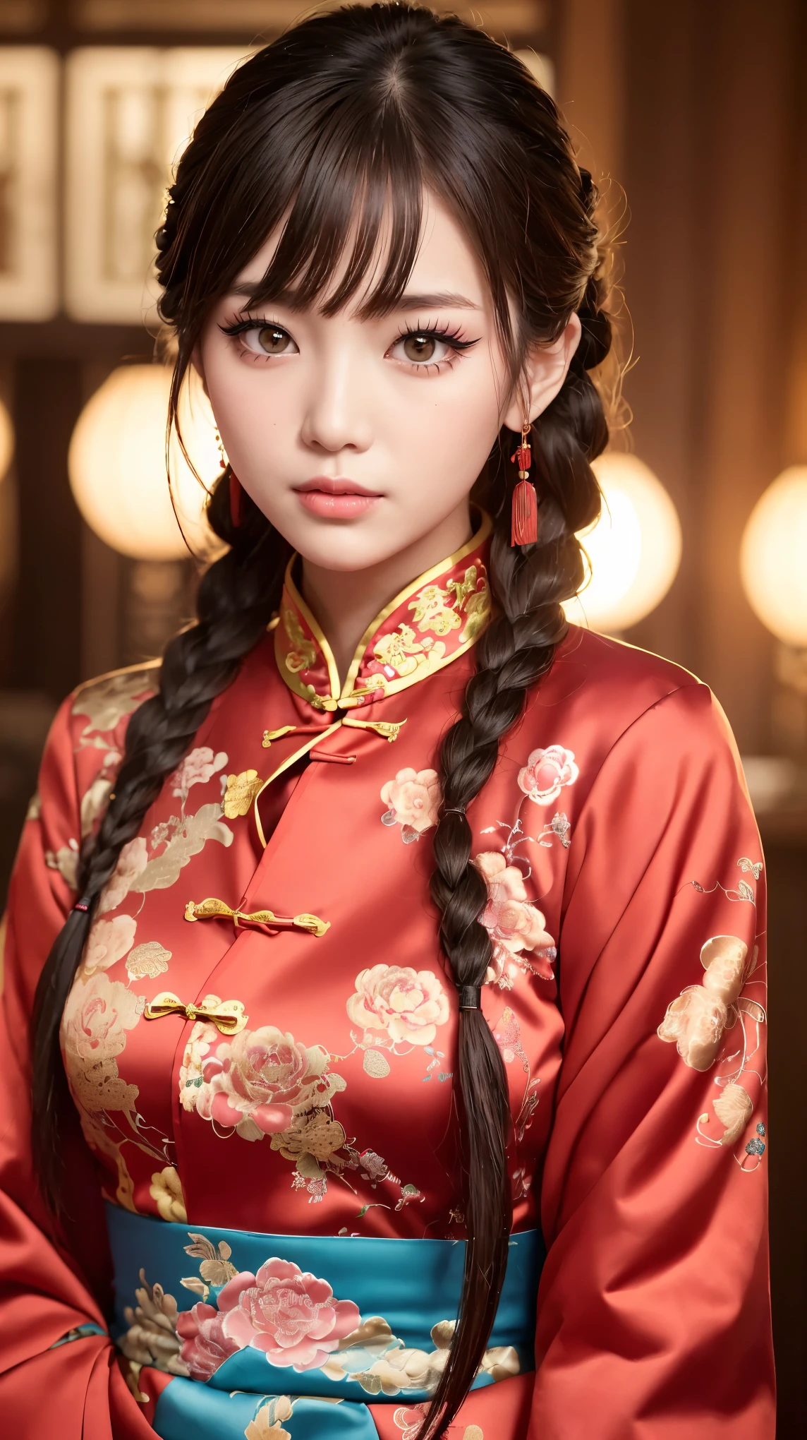 Realistic, masterpiece, Highest quality, Highest Resolution, Anatomically correct, Accurate Anatomy, 7 heads, Height: 165cm, One Japanese woman, Staring at the audience, Open your mouth and laugh, Staring at the audience, Fine and beautiful eyes, Sparkling eyes, Thin eyebrows, Gives lashes a delicate finish, False eyelashes, (Chinese traditional makeup:1.2), (Dumpling＋Braided hair, Blunt bangs, Brown Hair:1.2), Detailed face, Sharp Eyes, (Traditional Chinese Dress, Clothes that fit snugly to the body, Random Color:1.3), Upper body photo, Background like ink painting