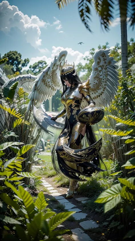 it depicts a beautiful medium-sized busted woman flying full body with large wings in intricate white and gold armor. the armor ...