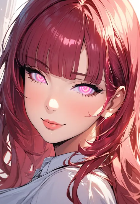 1girl, maroon red hair,(shiny lipstick) (pink eyes), long hair, detailed face, cat ears, large breasts, long eyelashes, sexy mat...